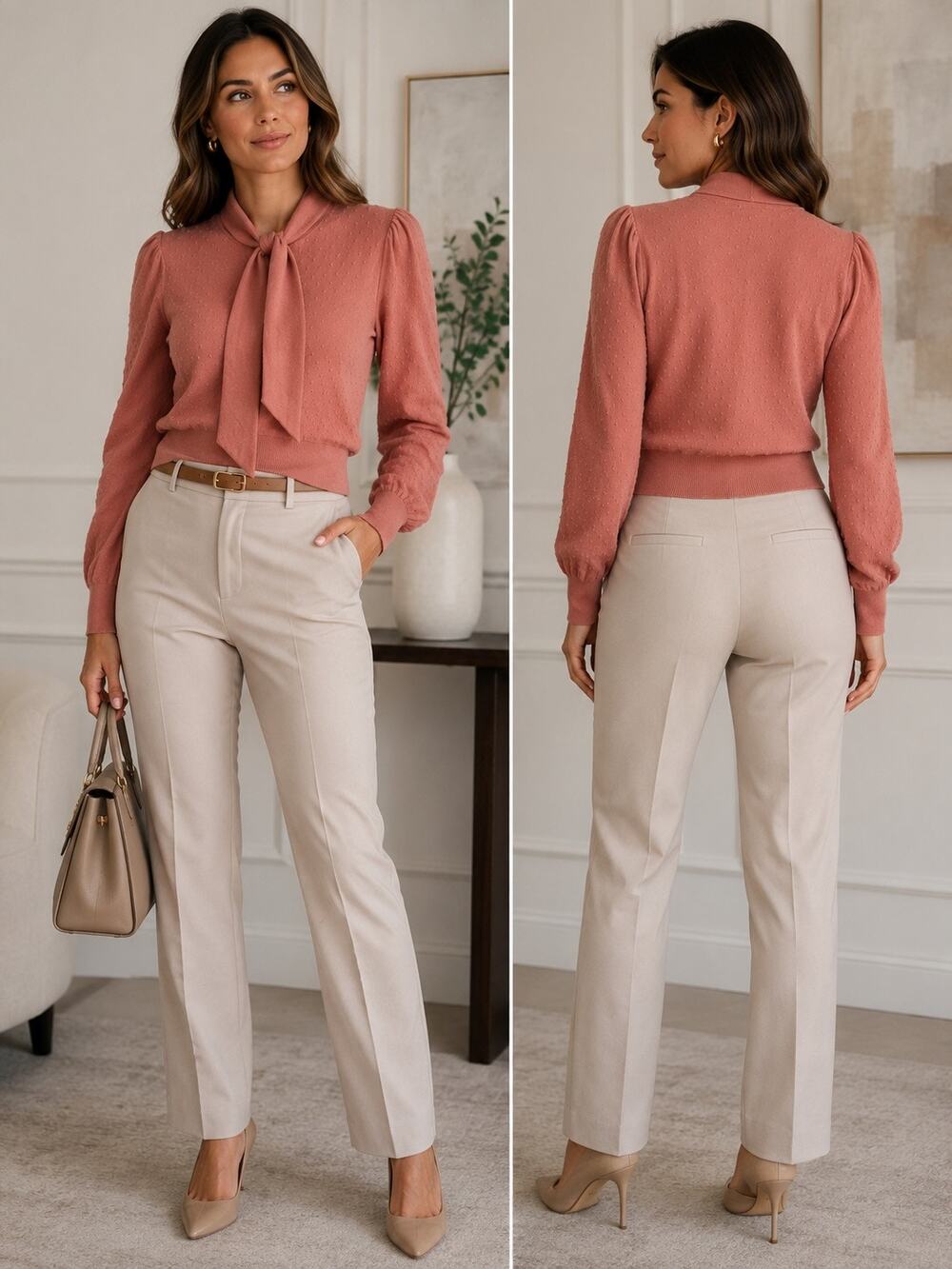 BCBG Pink Tie Neck Swiss Dot Knit Sweater Women's Medium Puff Sleeve Bow Blouse